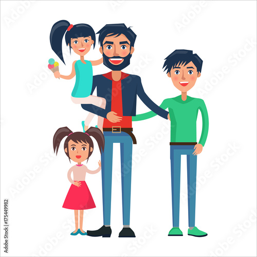 Happy Father of Many Children Vector Illustration