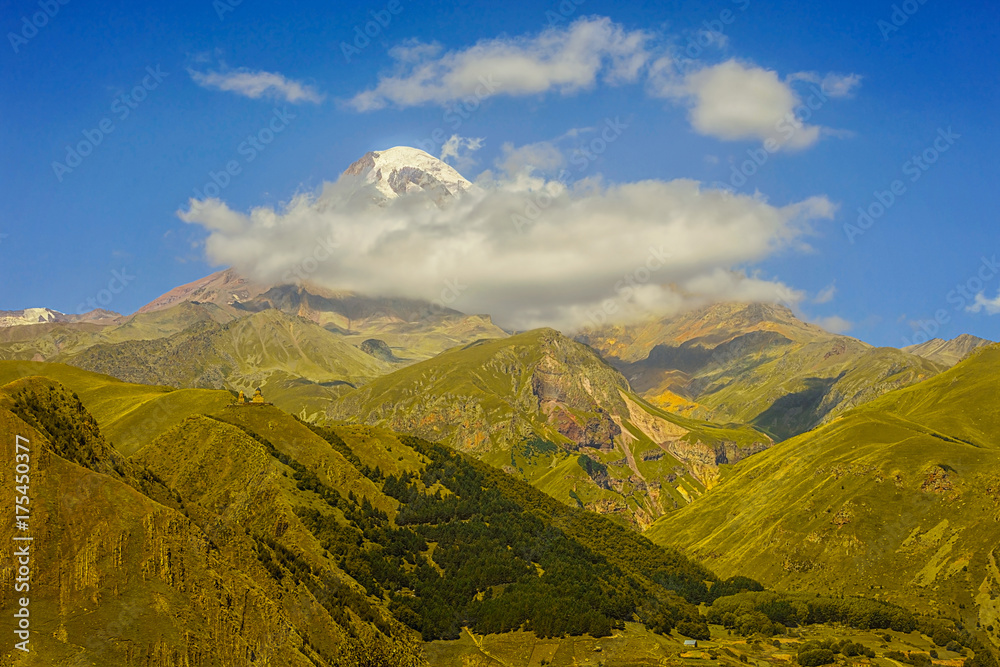 Mount Kazbek opposite the village of Stepantsminda, Georgia
