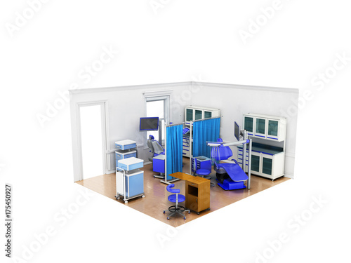 Isometric dental room with twin chairs diagnostic department blue 3d render on white background no shadow