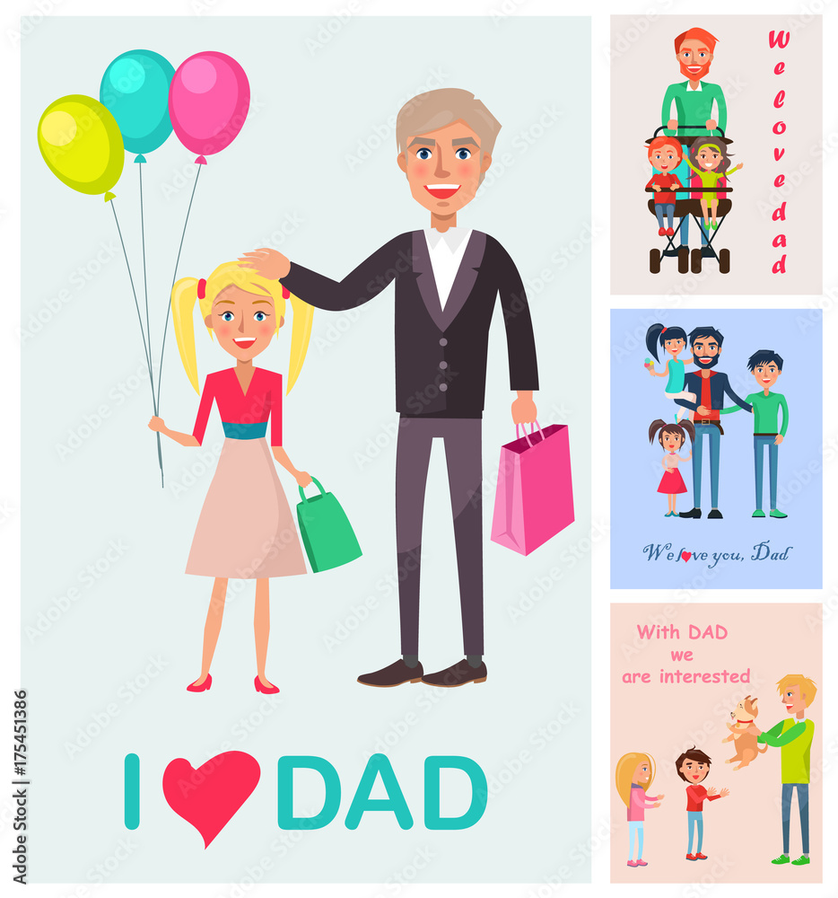Fototapeta premium I Love Dad Poster of Daughter with Dad and Images