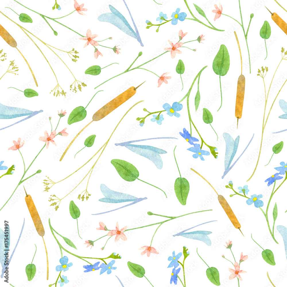 Watercolor wetland floral pattern with blue dragonfly forget-me-not red water violet brown cattail and green leaves on white background