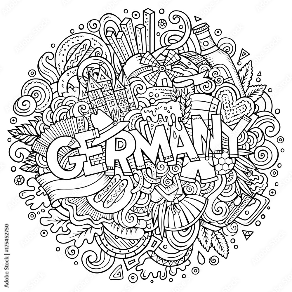 Cartoon cute doodles hand drawn Germany inscription