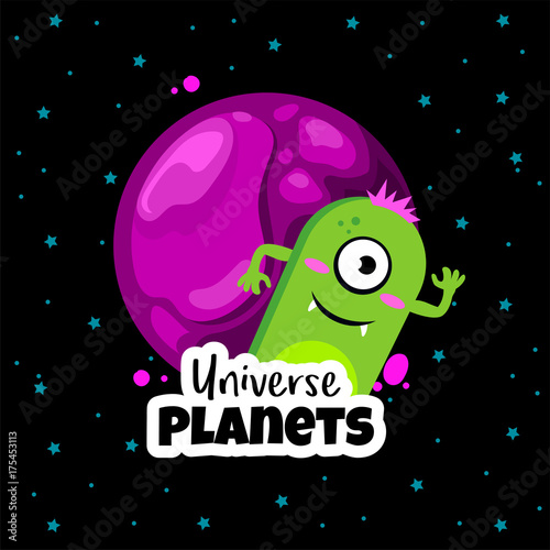 Universe planets. Space concept with cute ufo alien