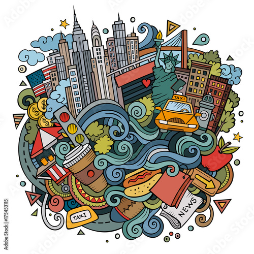 Cartoon cute doodles hand drawn Welcome to New York illustration