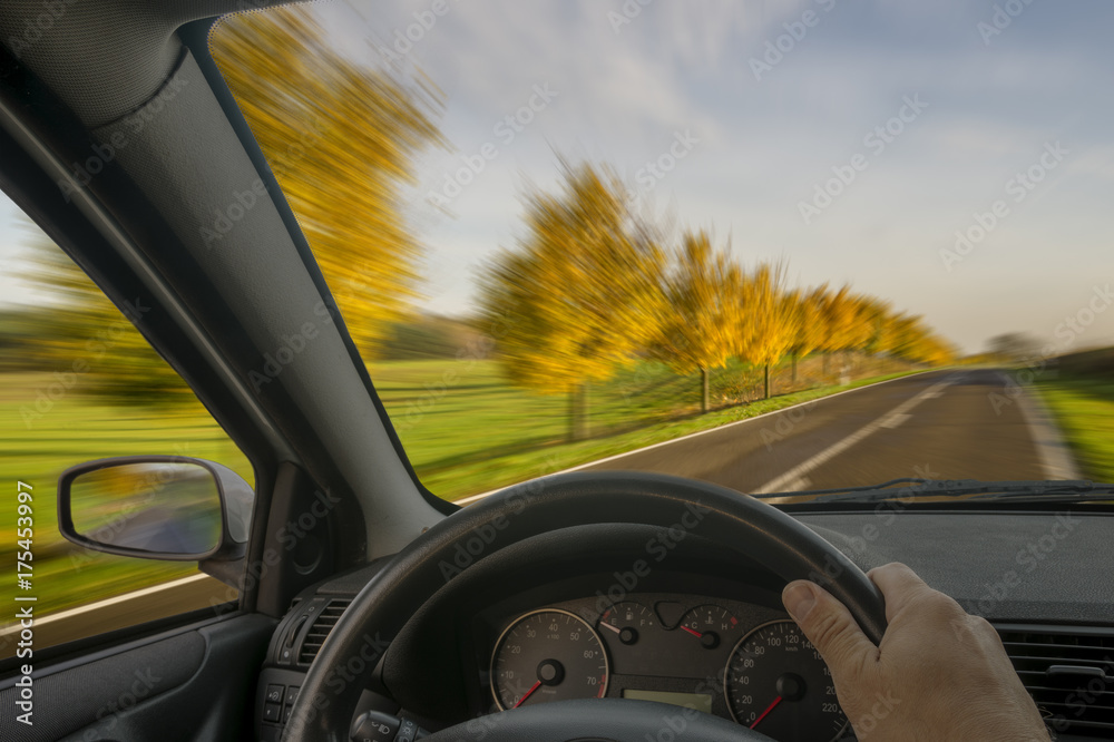 A view from behind the steering wheel of a car going through the fall