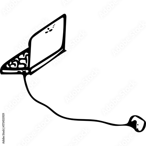 Laptop with power outlet. All in black on a white background