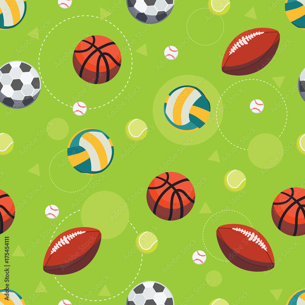 Sport ball seamless pattern. Vector background of balls for soccer, football, volleyball and rugby, tennis, baseball and basketball games. Sports equipment pattern.