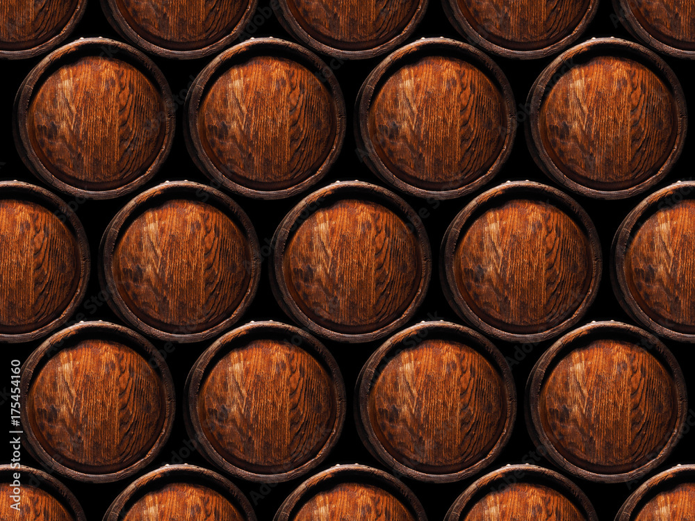 Rustic wooden barrels on a night background