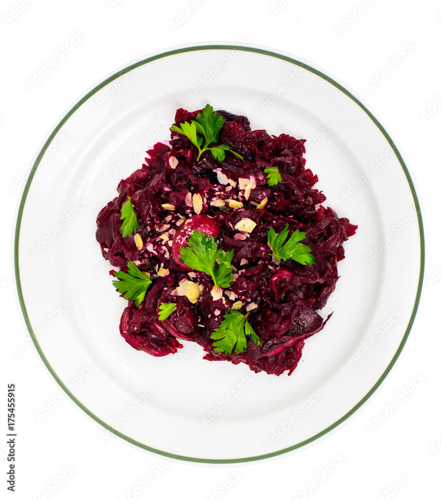 White plate with snack of beet and seeds White plate with snack of beet and seeds