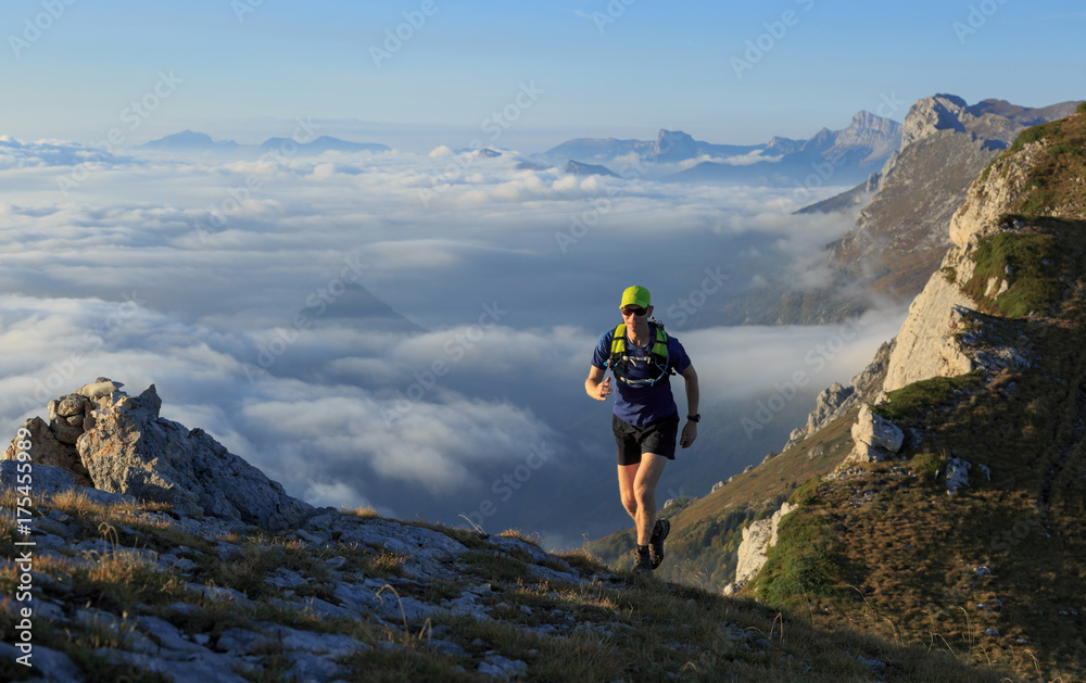 Athlete trailrunning in the mountains on a beautiful morning in the Vercors, France.