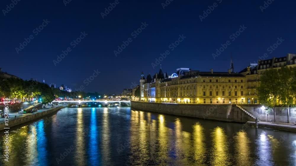 Cite island view with Conciergerie Castle and Pont au Change, over the Seine river timelapse hyperlapse. France, Paris Cite island view with Conciergerie Castle and Pont au Change, over the Seine river timelapse hyperlapse. France, Paris
