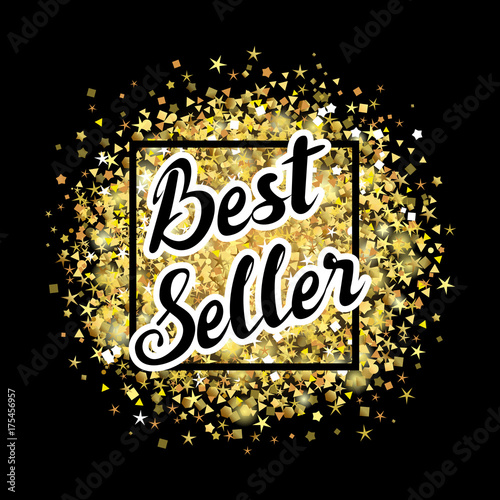 Best seller lettering label on golden dust background. Best seller text on golden glitter, vector illustration for sale advertising banner or discount tag