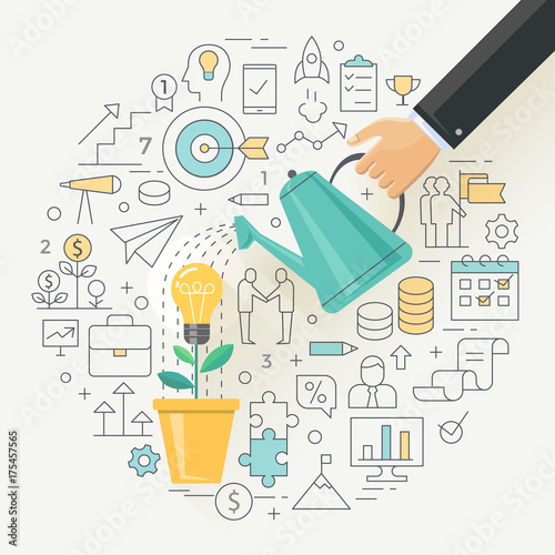 Start Up new business project, investing into idea, innovation concept, flat line illustration