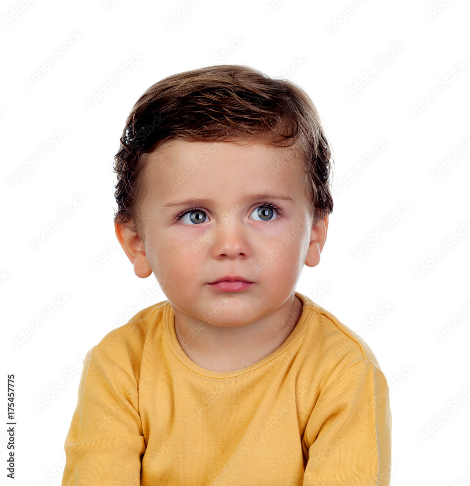 Adorable small child two years old with yellow t-shirt Adorable small child two years old with yellow t-shirt