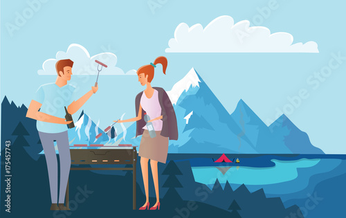 People on picnic or Bbq party in the mountains. Camping. Young Man and woman cooking steaks and sausages on grill. Mountain landscape with lake. Vector illustration.