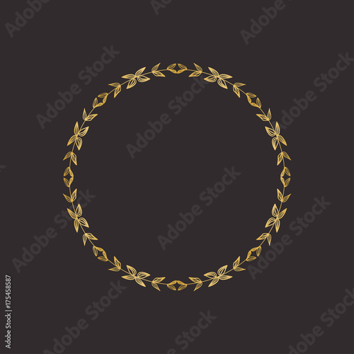 Gold round frame with floral elements. Greeting card with place for text, gold menu and invitation border. Vector illustration. 