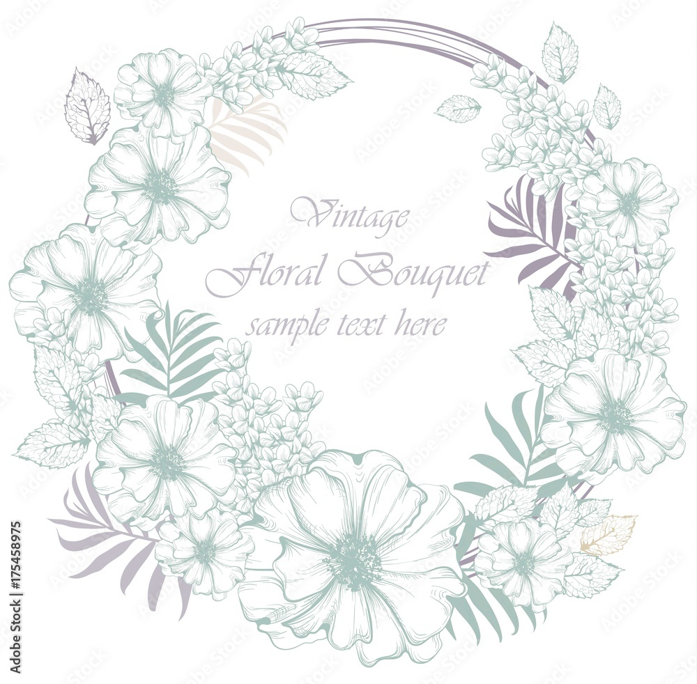 Beautiful flowers wreath Vector illustration. Floral pattern background. Line art hand drawn graphic style illustrations Beautiful flowers wreath Vector illustration. Floral pattern background. Line art hand drawn graphic style illustrations