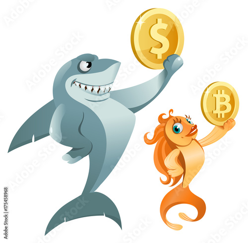 Shark holding dollar symbol and goldfish holding bitcoin symbol. Cartoon styled vector illustration. Elements is grouped. Isolated on white. No transparent objects.