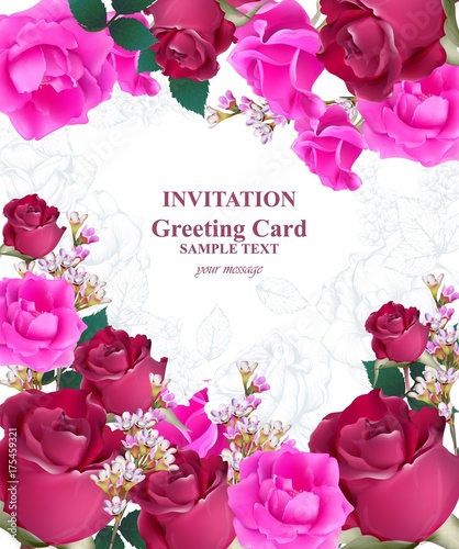 Invitation Card vector. Roses beauty flowers. Fuchsia pink colors