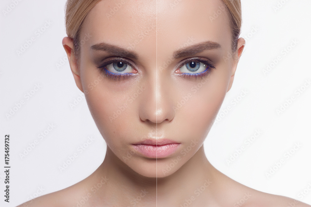 The woman's portrait the showing result of drawing a voice-frequency basis and cosmetics. Before and after. Cosmetology. Imperfections, care of face skin, injections, Spa and beauty shop The woman's portrait the showing result of drawing a voice-frequency basis and cosmetics. Before and after. Cosmetology. Imperfections, care of face skin, injections, Spa and beauty shop