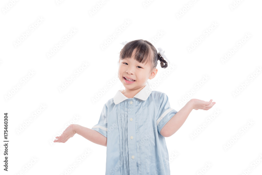 Little asian preschool girl smiling while showing copy space by two hands over white background Little asian preschool girl smiling while showing copy space by two hands over white background