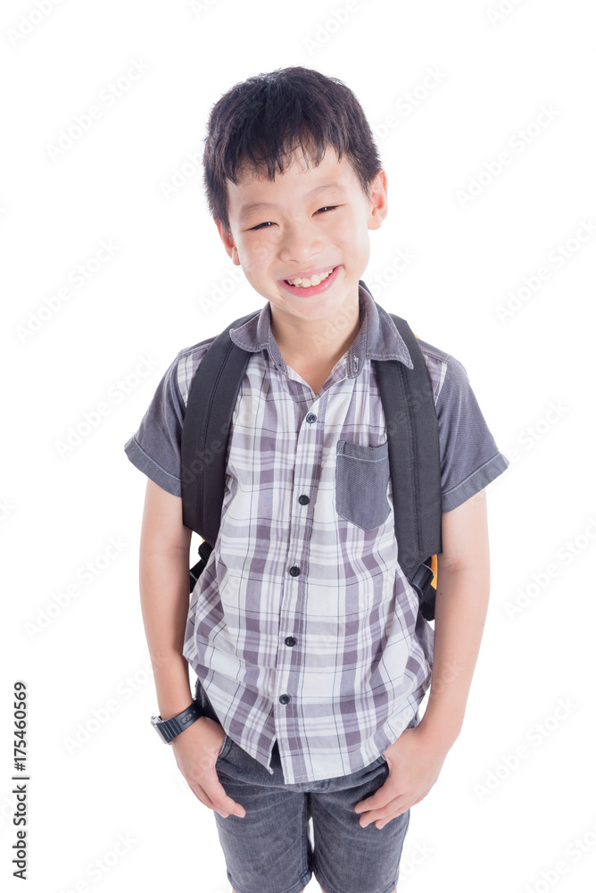 Young asian schoolboy with backpack smiling over white background Young asian schoolboy with backpack smiling over white background
