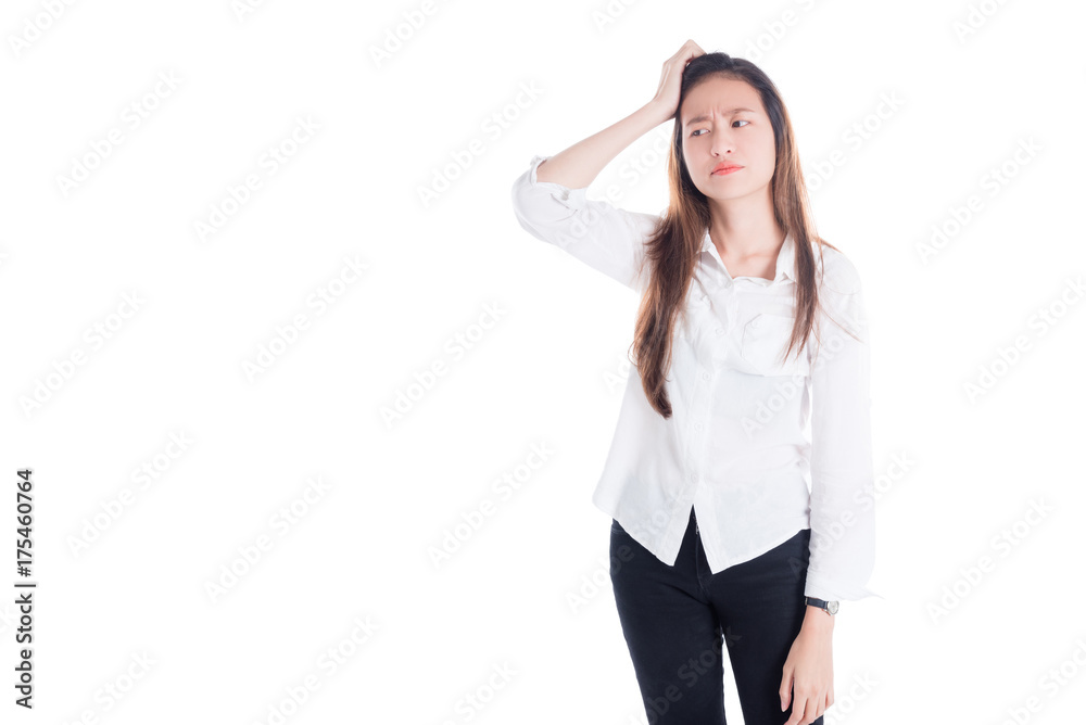 Beautiful young asian woman with unhappy face standing over white background Beautiful young asian woman with unhappy face standing over white background