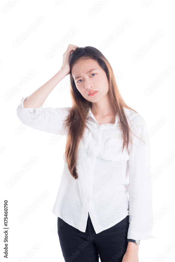 Beautiful young asian woman with unhappy face standing over white background Beautiful young asian woman with unhappy face standing over white background