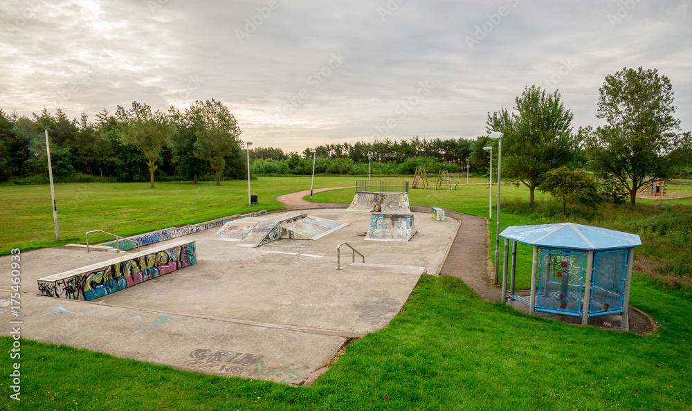 A view to the skate park and children playground in Westfield park in Aberdeen, Scotland