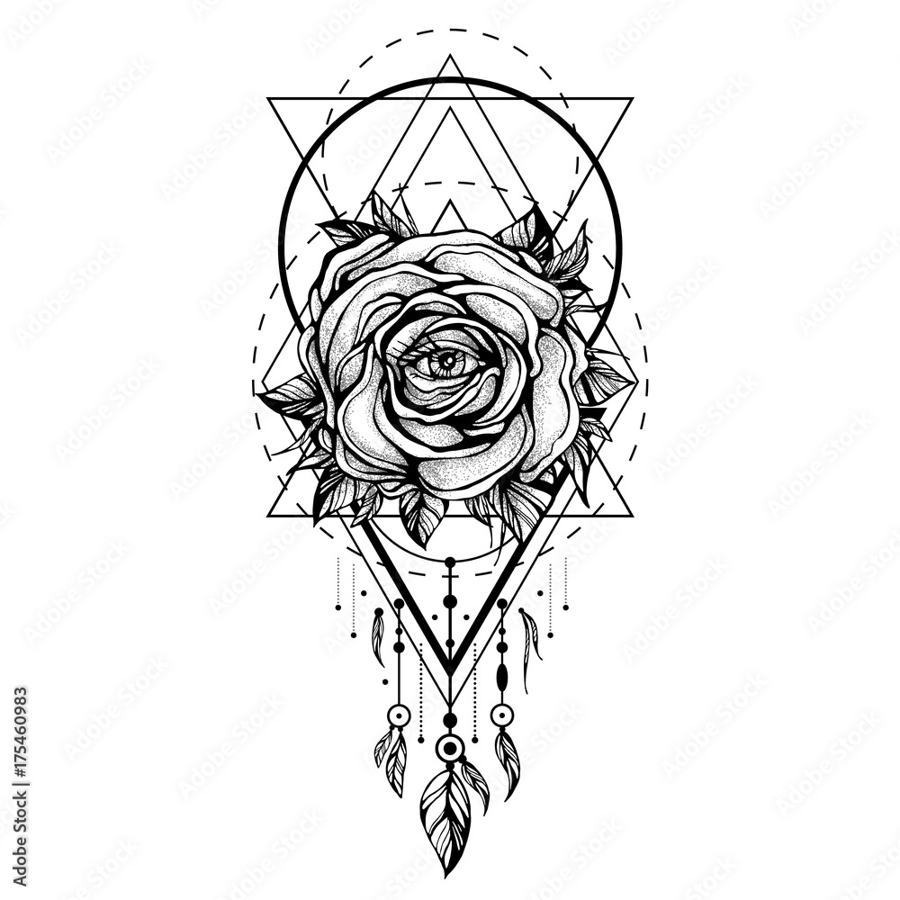 black chaplet, Rose flower With the eye, pattern of geometric shapes on  white background. Tattoo design, mystic symbol. Boho design. Print,  posters, t-shirts and textiles. vector illustration Stock Vector | Adobe  Stock