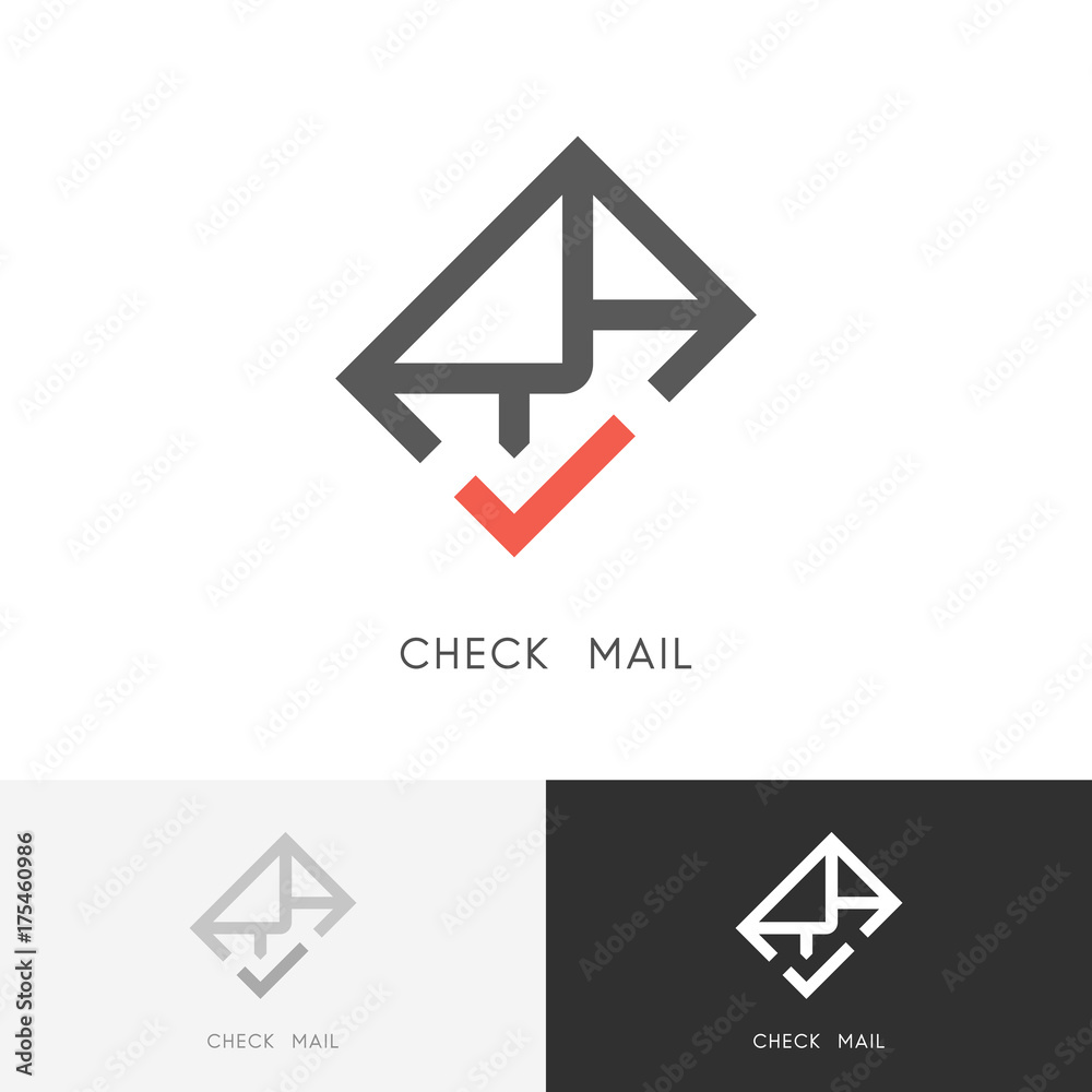 Check mail logo - envelope or letter with red checkmark or tick symbol. Email, contacts and business vector icon. Check mail logo - envelope or letter with red checkmark or tick symbol. Email, contacts and business vector icon.