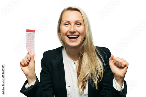 happy woman with lucky lottery ticket in hand isolated on white background