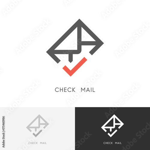 Check mail logo - envelope or letter with red checkmark or tick symbol. Email, contacts and business vector icon.