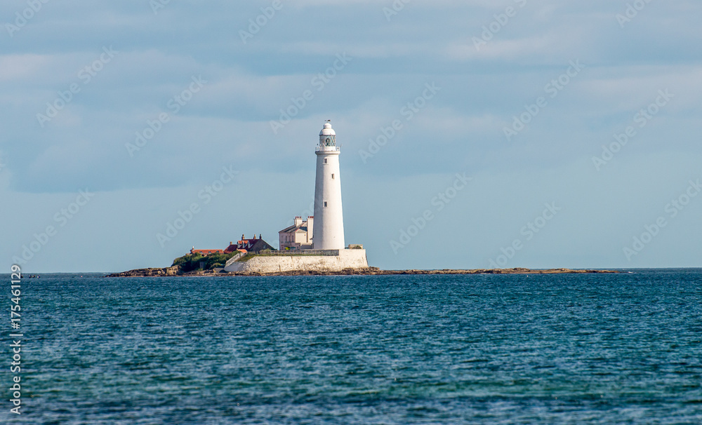 A lighthouse on an island in Whitley Bay near Newcastle upon Tyne, England