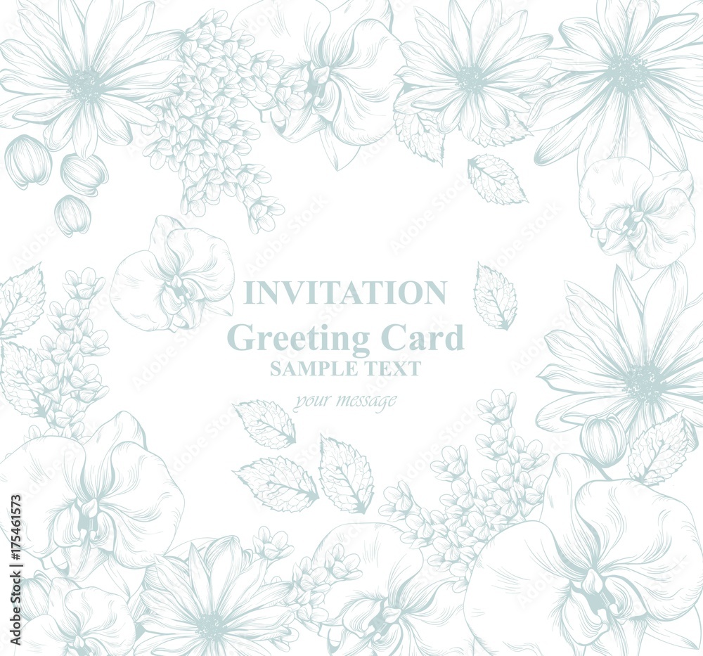 Beautiful flowers card Vector illustration. Floral pattern background. Line art hand drawn graphic style illustrations Beautiful flowers card Vector illustration. Floral pattern background. Line art hand drawn graphic style illustrations