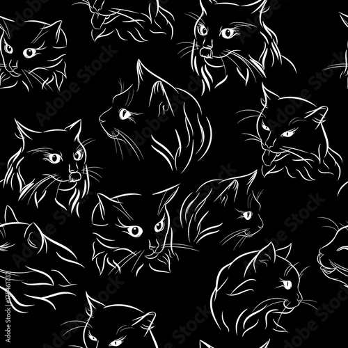 Seamless pattern with silhouettes of portraits of cats, black white, vector