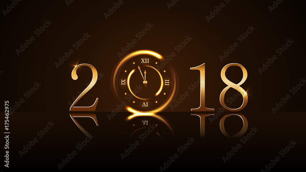 Happy New Year card background. Magic gold clock countdown. Golden numbers 2018. Christmas and New Year night glitter clock. Design decoration. Symbol wish, celebration Vector illustration