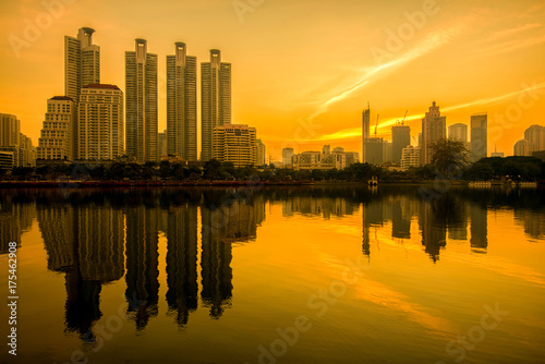Bangkok cityscape view at park in morning.