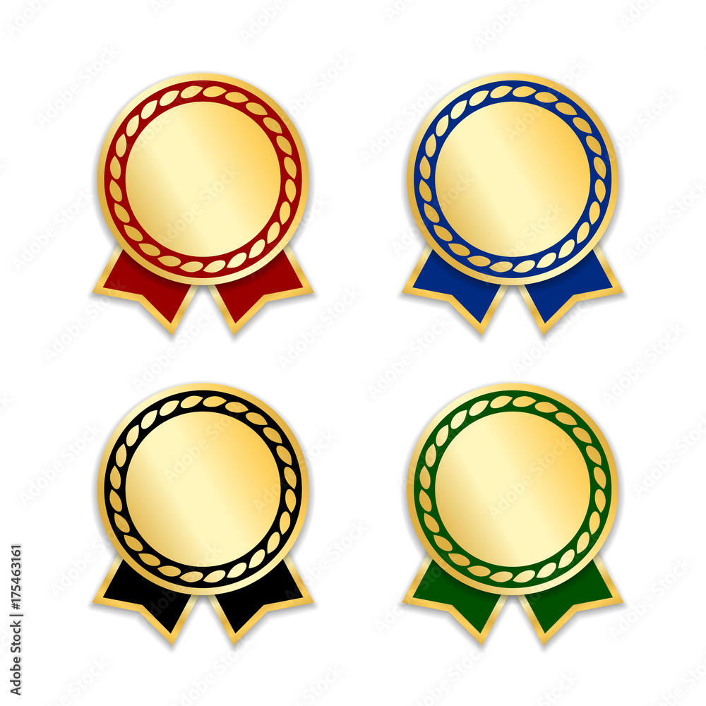 Award ribbons isolated set. Gold red design medal, label, badge, certificate. Symbol best sale, price, quality, guarantee or success, achievement. Golden ribbon award decoration Vector illustration Award ribbons isolated set. Gold red design medal, label, badge, certificate. Symbol best sale, price, quality, guarantee or success, achievement. Golden ribbon award decoration Vector illustration