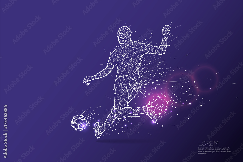 The particles, geometric art, line and dot of football player shooting