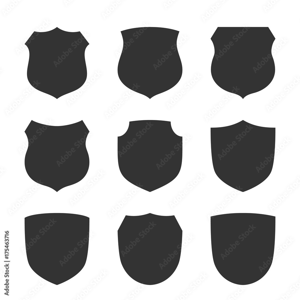 Shield shape icons set. Black label signs, isolated on white. Symbol of protection, arms, coat honor, security, safety. Flat retro style design. Element vintage heraldic emblem. Vector illustration