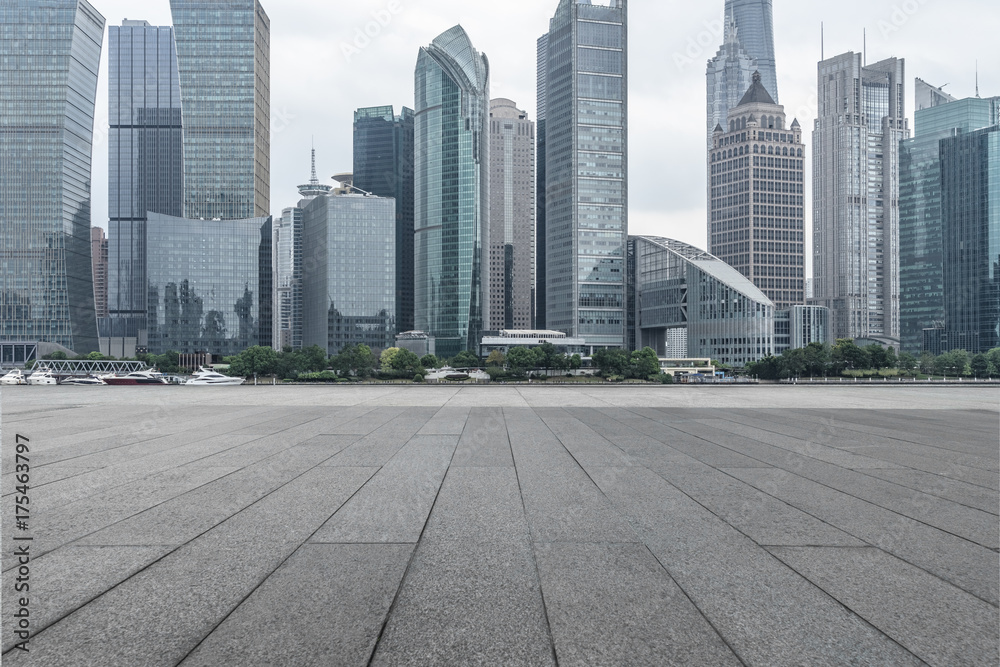 cityscape and skyline of shanghai from empty brick floor. cityscape and skyline of shanghai from empty brick floor.