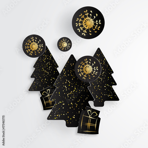 Simple vector christmas background with black paper tree, gifts and snowflakes in gold style. Black paper - original new year card