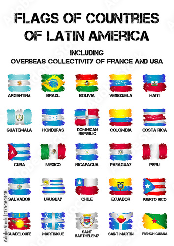 Set of flags of Latin America countries and dependent territories from brush strokes in grunge style isolated on white background. Vector illustration