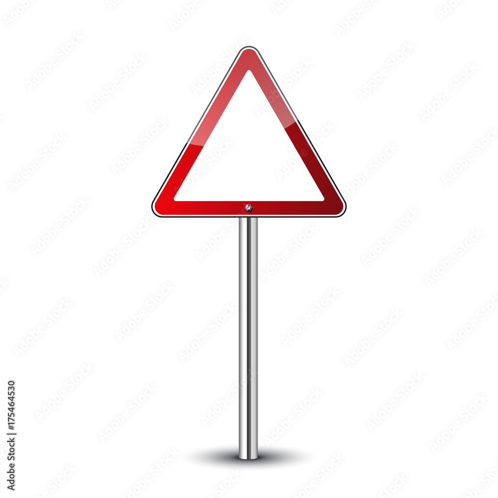 Triangle warning sign blank. Danger red triangular road sign isolated on white background. Guidepost metal pole. Empty roadsign blank. Glossy icon. Street triangle sign. Vector illustration Triangle warning sign blank. Danger red triangular road sign isolated on white background. Guidepost metal pole. Empty roadsign blank. Glossy icon. Street triangle sign. Vector illustration