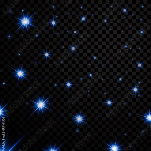 Blue stars black night sky transparent background. Abstract bokeh glowing space design. Starry milky way. Galaxy golden starlight shine sparkle. Golden shiny fantasy glow in dark Vector illustration