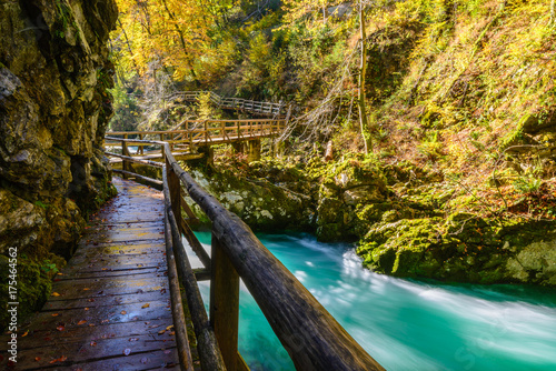 Vintgar gorge and wooden path near Bled, Slovenia photo