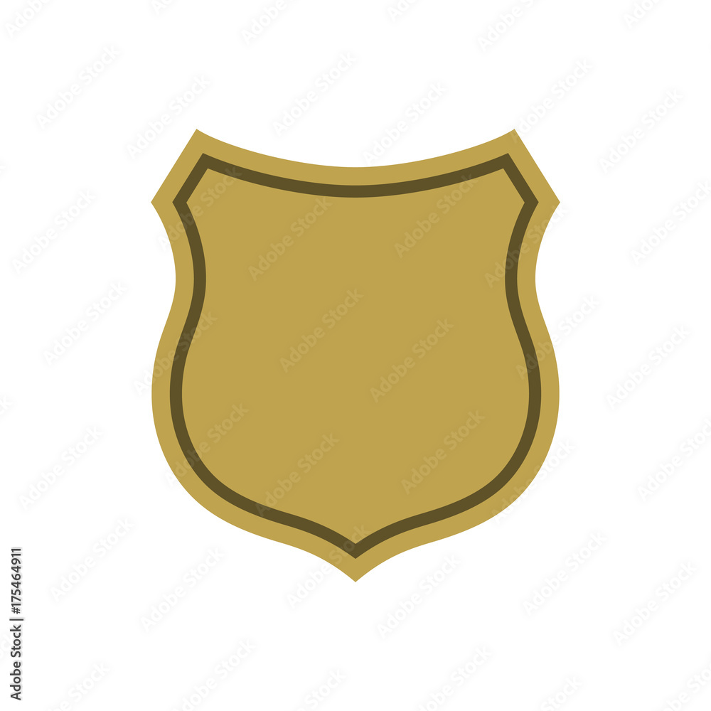 Shield shape gold icon. Simple flat logo on white background. Symbol of security, protection, safety, strong. Element badge for secure protect design emblem decoration. Vector illustration Shield shape gold icon. Simple flat logo on white background. Symbol of security, protection, safety, strong. Element badge for secure protect design emblem decoration. Vector illustration