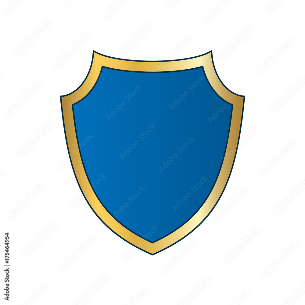 Gold-blue shield shape icon. Bright logo emblem metallic sign isolated on white background. Empty shape shield. Symbol of security, protection, defense. Shiny element design Vector illustration