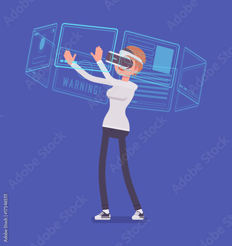 VR woman and virtual interface